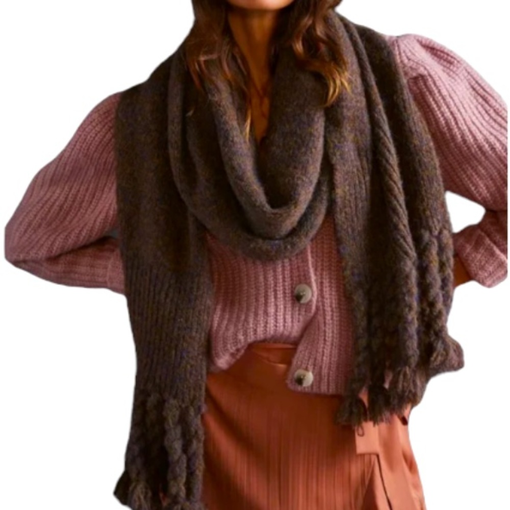 NWT Anthropologie Braided Fringe Scarf in Espresso Brown - large